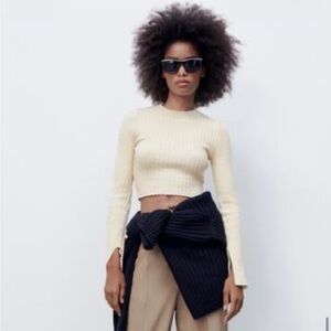 ZARA RIBBED KNIT TOP ECRU CHUNKY CROCHET LONG SLEEVE SWEATER 6771/026 SMALL